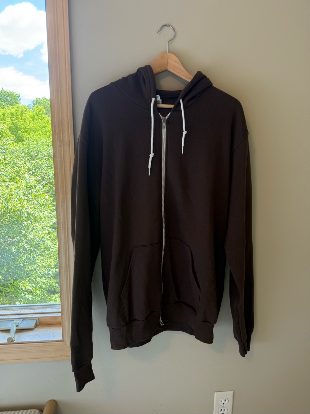 American Apparel Men's Zip-Up Hoodie in Dark Brown with White Drawstrings